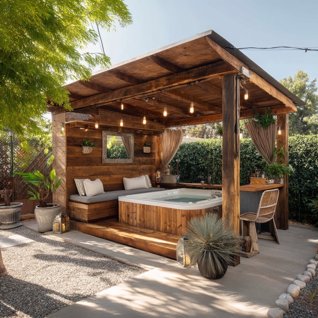 15 Backyard Jacuzzi Ideas for Ultimate Outdoor Relaxation 10 Wooden Frame Jacuzzi Shelter